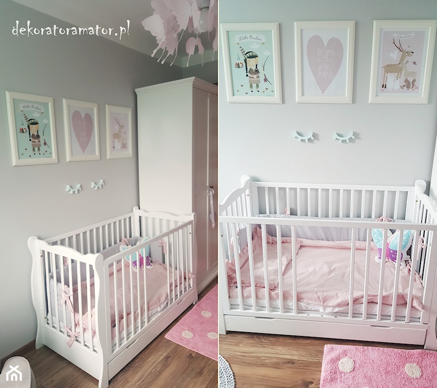 Pastelowy pokój dla dziewczynki - Mały szary pokój dziecka dla niemowlaka dla dziewczynki - zdjęcie od dekoratoramator.pl