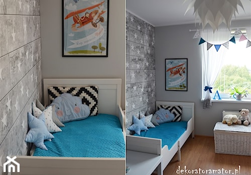 Pokój rodzeństwa - Mały szary pokój dziecka dla dziecka dla nastolatka dla chłopca, styl skandynawski - zdjęcie od dekoratoramator.pl
