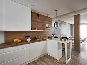 Nowoczesne wnętrze - Średnia otwarta z salonem kuchnia w kształcie litery l z wyspą lub półwyspem z kompozytem na ścianie nad blatem kuchennym, styl nowoczesny - zdjęcie od Vprojekt design by Weronika