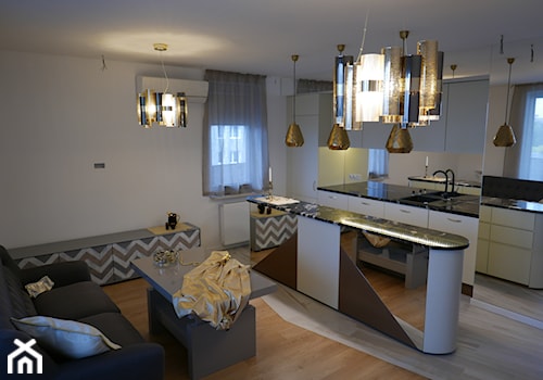 apartament na Mokotowie - Średni biały salon z kuchnią, styl nowoczesny - zdjęcie od lorenc agnieszka
