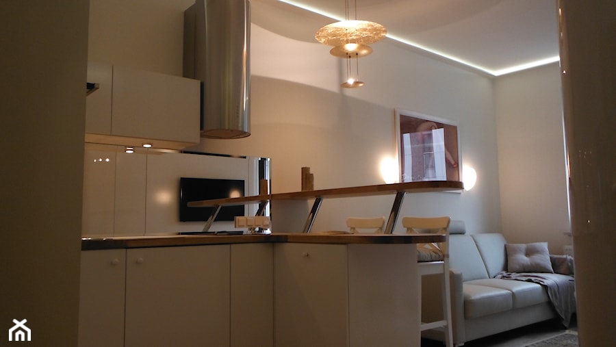 malutki apartament na Powiślu 26m2 - Mała otwarta z salonem z zabudowaną lodówką kuchnia w kształcie litery l, styl nowoczesny - zdjęcie od lorenc agnieszka