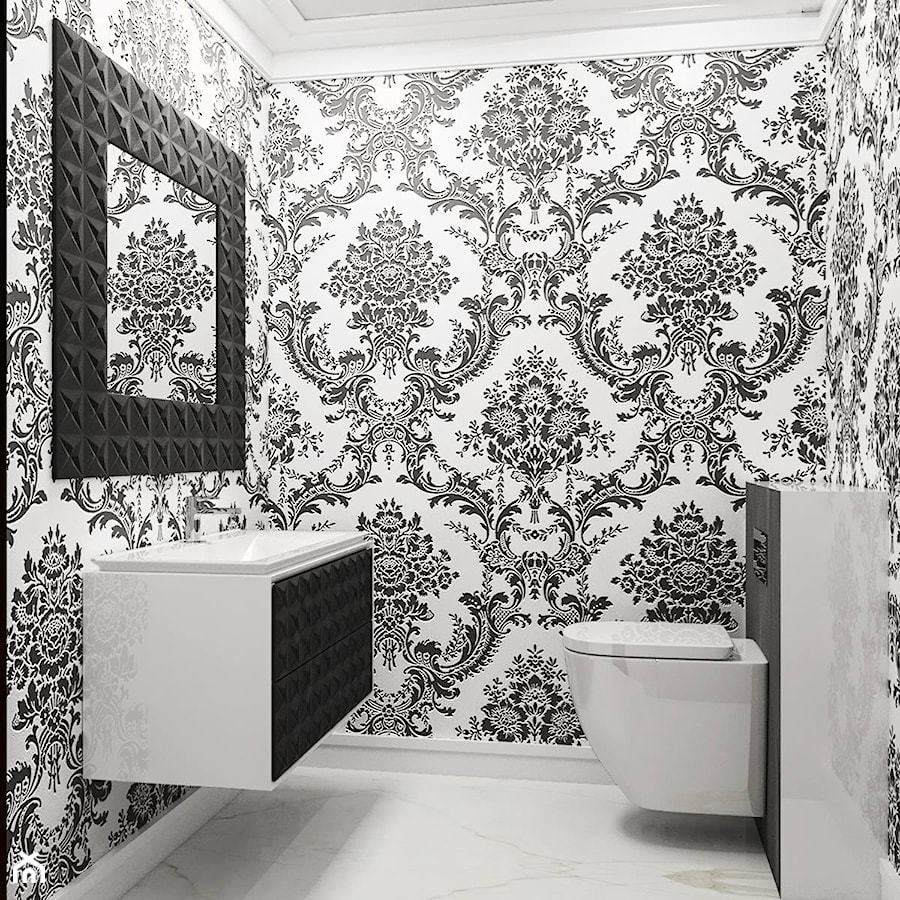 Dom 200 m2 - Mała na poddaszu bez okna z lustrem z marmurową podłogą łazienka - zdjęcie od Sylwia Drążczyk