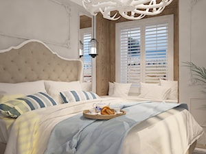 Projekt apartamentu w Gdyni w stylu Hampton. - Średnia szara sypialnia, styl glamour - zdjęcie od iga-figlewska