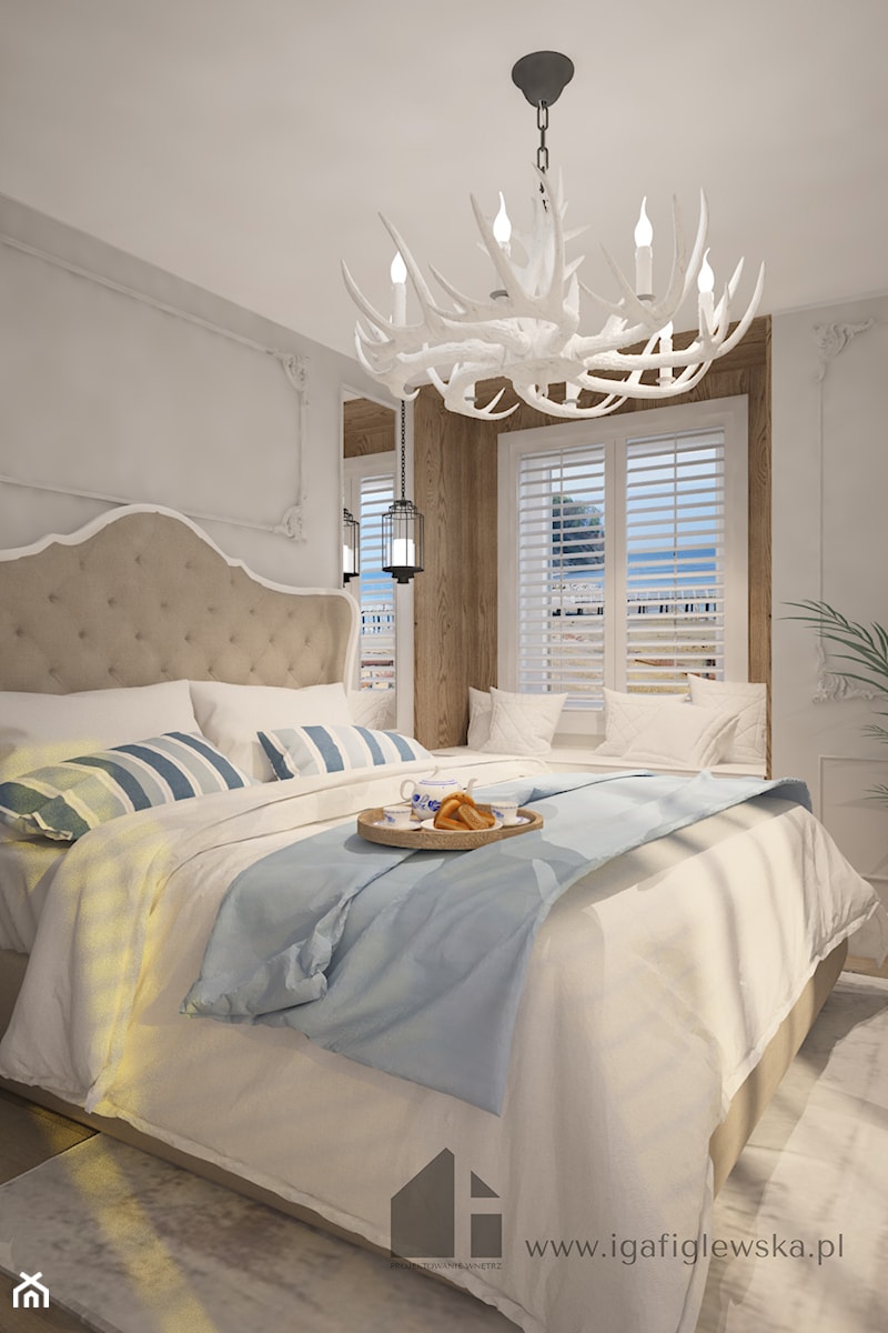 Projekt apartamentu w Gdyni w stylu Hampton. - Średnia szara sypialnia, styl glamour - zdjęcie od iga-figlewska