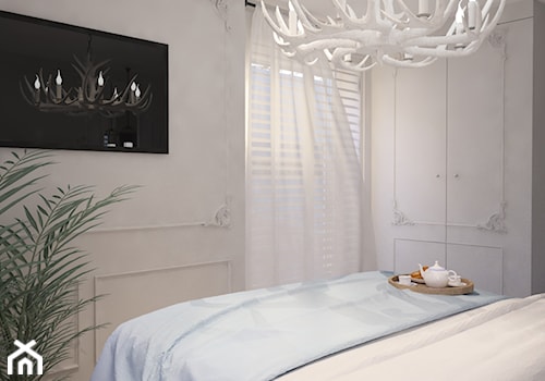 Projekt apartamentu w Gdyni w stylu Hampton. - Mała biała sypialnia, styl glamour - zdjęcie od iga-figlewska