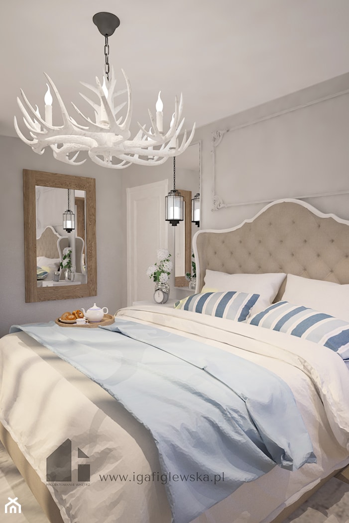 Projekt apartamentu w Gdyni w stylu Hampton. - Średnia szara sypialnia, styl glamour - zdjęcie od iga-figlewska - Homebook