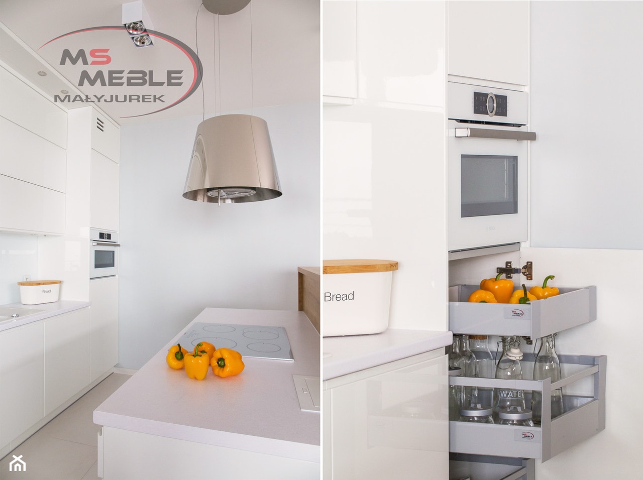 Biała kuchnia - Katowice - Średnia otwarta z zabudowaną lodówką kuchnia jednorzędowa z wyspą lub półwyspem, styl minimalistyczny - zdjęcie od MS-Meble Małyjurek - Homebook