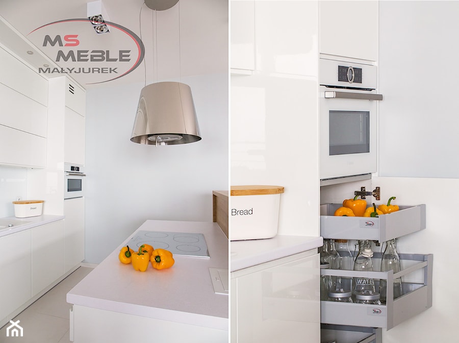 Biała kuchnia - Katowice - Średnia otwarta z zabudowaną lodówką kuchnia jednorzędowa z wyspą lub półwyspem, styl minimalistyczny - zdjęcie od MS-Meble Małyjurek