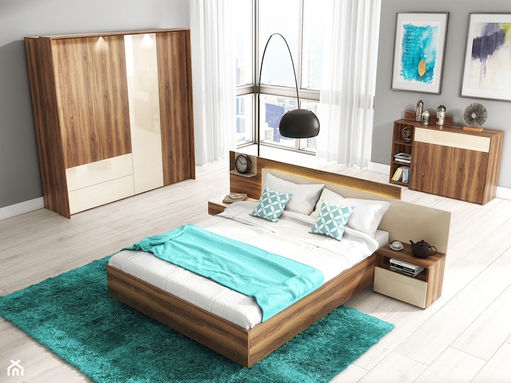 drewniane meble do sypialni, podwójne łóżko, szafa z oświetleniem