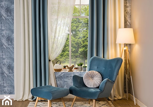 Przytulny salon - Średni beżowy niebieski salon, styl skandynawski - zdjęcie od Salony Agata