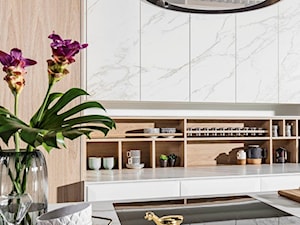 Kuchnia GRAZIA - Mała otwarta z kamiennym blatem biała z zabudowaną lodówką kuchnia dwurzędowa, styl minimalistyczny - zdjęcie od HALUPCZOK