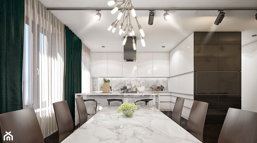 apartament w Warszawie - Duża biała brązowa jadalnia w kuchni - zdjęcie od piodec