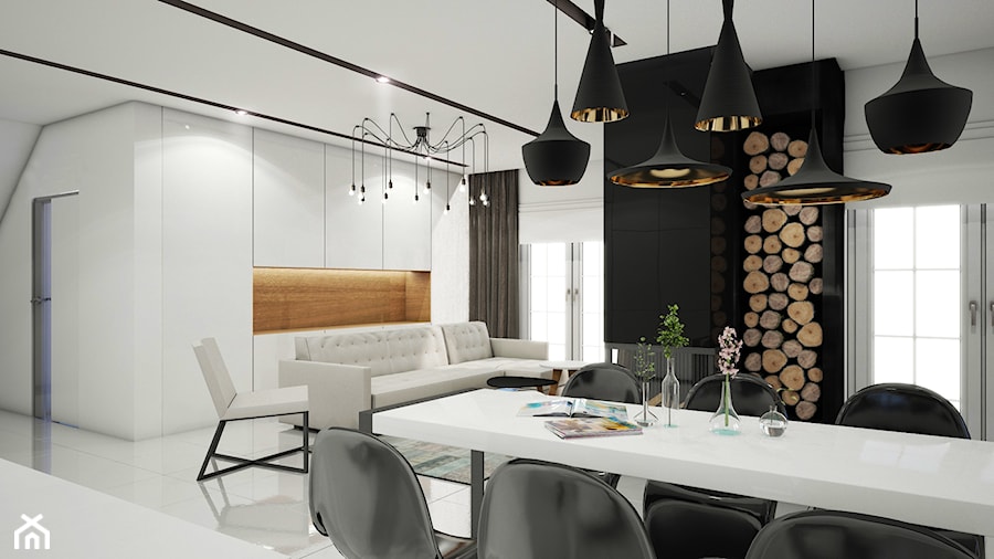 Czarno-białe, nowoczesne wnętrze - jadalnia i salon - zdjęcie od piodec