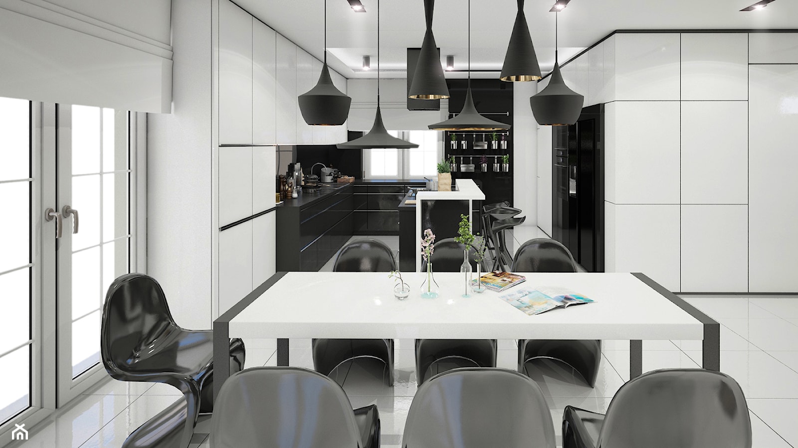 Czarno-białe, nowoczesne wnętrze - jadalnia i kuchnia - zdjęcie od piodec - Homebook