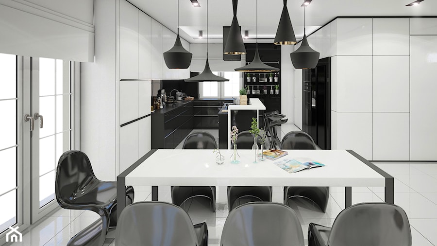 Czarno-białe, nowoczesne wnętrze - jadalnia i kuchnia - zdjęcie od piodec