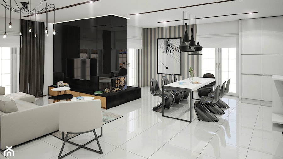 Czarno-białe, nowoczesne wnętrze - jadalnia i salon - zdjęcie od piodec