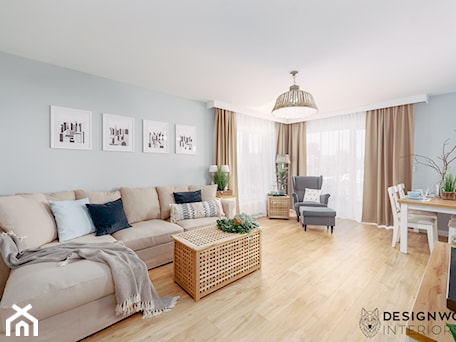 Aranżacje wnętrz - Salon: SEASIDE BREATH - Duży niebieski szary salon z jadalnią, styl skandynawski - DesignWolf Interiors. Przeglądaj, dodawaj i zapisuj najlepsze zdjęcia, pomysły i inspiracje designerskie. W bazie mamy już prawie milion fotografii!