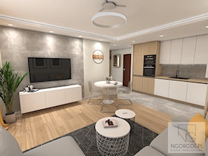Mieszkanie sportowców - Wieliczka - Duży biały szary salon z kuchnią z jadalnią, styl nowoczesny - zdjęcie od NGORGOL