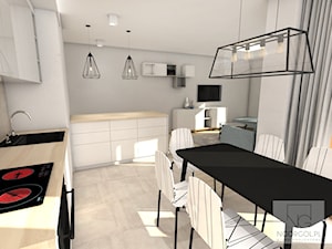 Średnia biała szara jadalnia w salonie w kuchni, styl skandynawski - zdjęcie od NGORGOL
