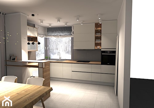 kuchnie - Średnia otwarta biała z zabudowaną lodówką z podblatowym zlewozmywakiem kuchnia w kształcie litery u z oknem, styl skandynawski - zdjęcie od Newspaces