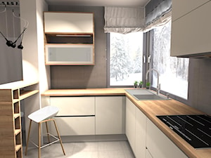 kuchnie - Średnia otwarta z salonem biała szara z zabudowaną lodówką z nablatowym zlewozmywakiem kuchnia w kształcie litery l z oknem, styl nowoczesny - zdjęcie od Newspaces