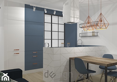 Bemowo II - Średnia biała niebieska jadalnia w salonie w kuchni - zdjęcie od DW SIGN Pracownia Architektury Wnętrz