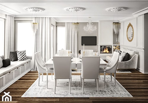 #11 Dom w Białymstoku - Duża biała szara jadalnia w salonie, styl glamour - zdjęcie od BOLD Design
