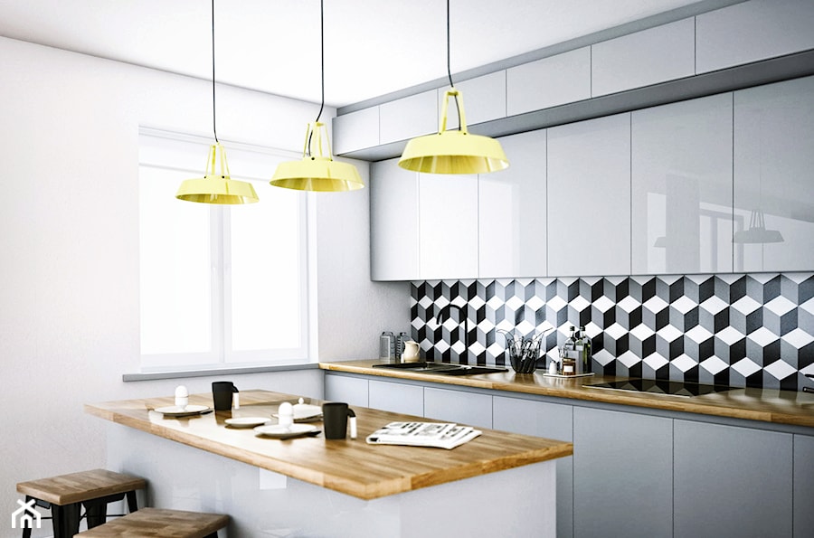#01 Mieszkanie w Krakowie - Średnia otwarta biała z zabudowaną lodówką z nablatowym zlewozmywakiem kuchnia jednorzędowa z wyspą lub półwyspem z oknem, styl nowoczesny - zdjęcie od BOLD Design