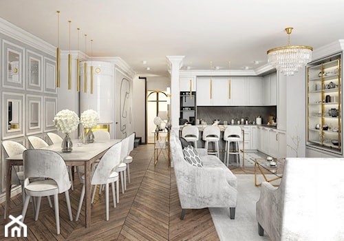 #13 Dom w Warszawie - Duża biała szara jadalnia w salonie w kuchni, styl glamour - zdjęcie od BOLD Design