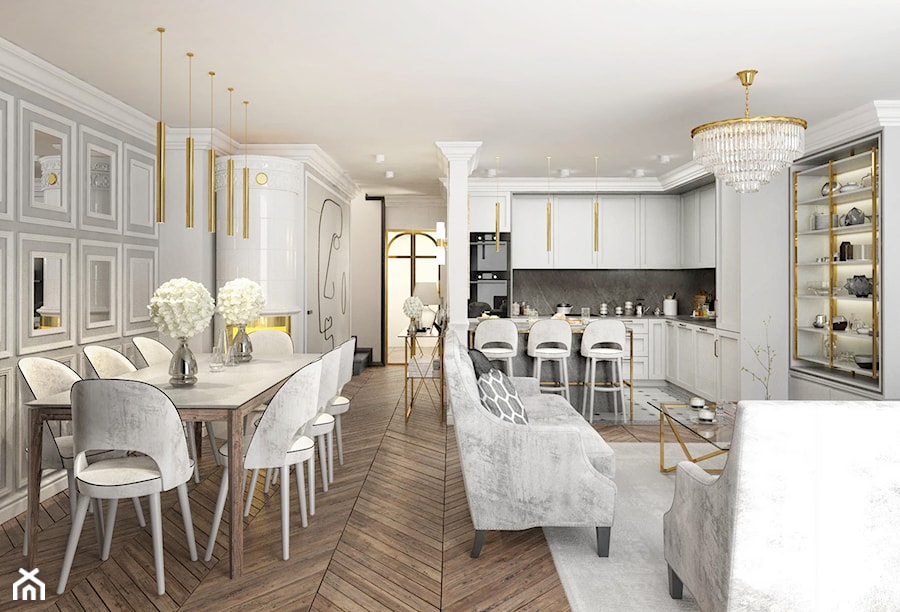 #13 Dom w Warszawie - Duża biała szara jadalnia w salonie w kuchni, styl glamour - zdjęcie od BOLD Design
