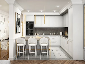 #13 Dom w Warszawie - Średnia otwarta biała szara z zabudowaną lodówką z podblatowym zlewozmywakiem kuchnia w kształcie litery l z wyspą lub półwyspem, styl glamour - zdjęcie od BOLD Design