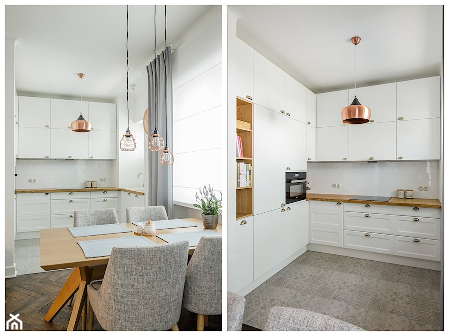 Żoliborz - Duża otwarta z salonem biała z zabudowaną lodówką z nablatowym zlewozmywakiem kuchnia w kształcie litery l z oknem, styl skandynawski - zdjęcie od Qbik Design