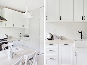 Sadyba - Średnia zamknięta biała z zabudowaną lodówką z nablatowym zlewozmywakiem kuchnia jednorzędowa, styl prowansalski - zdjęcie od Qbik Design
