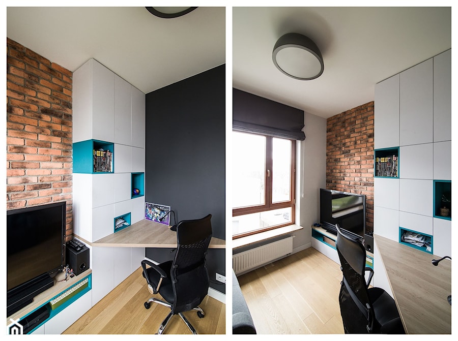 RYDYGIERA - Średnie w osobnym pomieszczeniu z zabudowanym biurkiem białe biuro - zdjęcie od Qbik Design