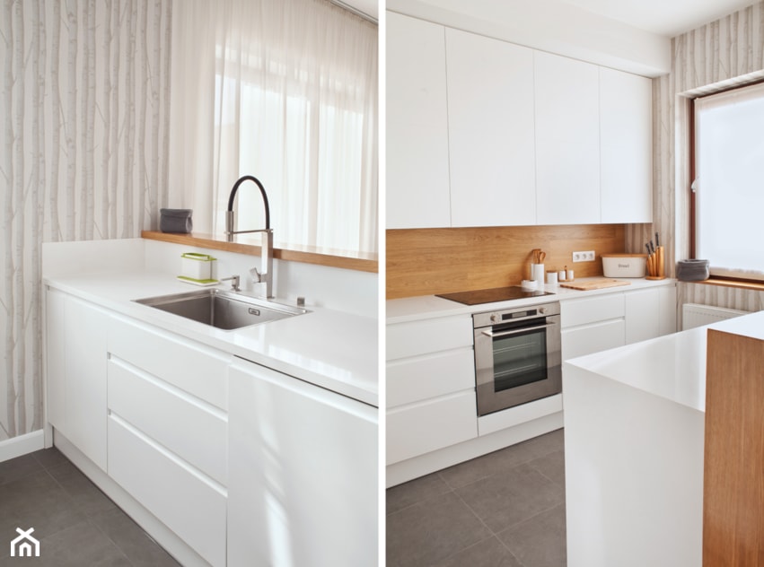 Średnia otwarta z zabudowaną lodówką kuchnia dwurzędowa z oknem, styl nowoczesny - zdjęcie od Qbik Design