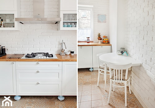 Ursynów - Średnia biała z zabudowaną lodówką kuchnia - zdjęcie od Qbik Design