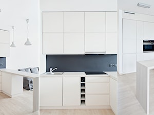 Ceglana łazienka + Kuchnia (Realizacja Hery) - Średnia otwarta z salonem biała z zabudowaną lodówką z nablatowym zlewozmywakiem kuchnia w kształcie litery u, styl minimalistyczny - zdjęcie od Qbik Design