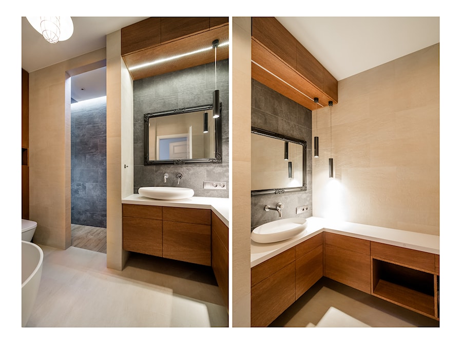 Woronicza - Duża bez okna z dwoma umywalkami łazienka, styl nowoczesny - zdjęcie od Qbik Design