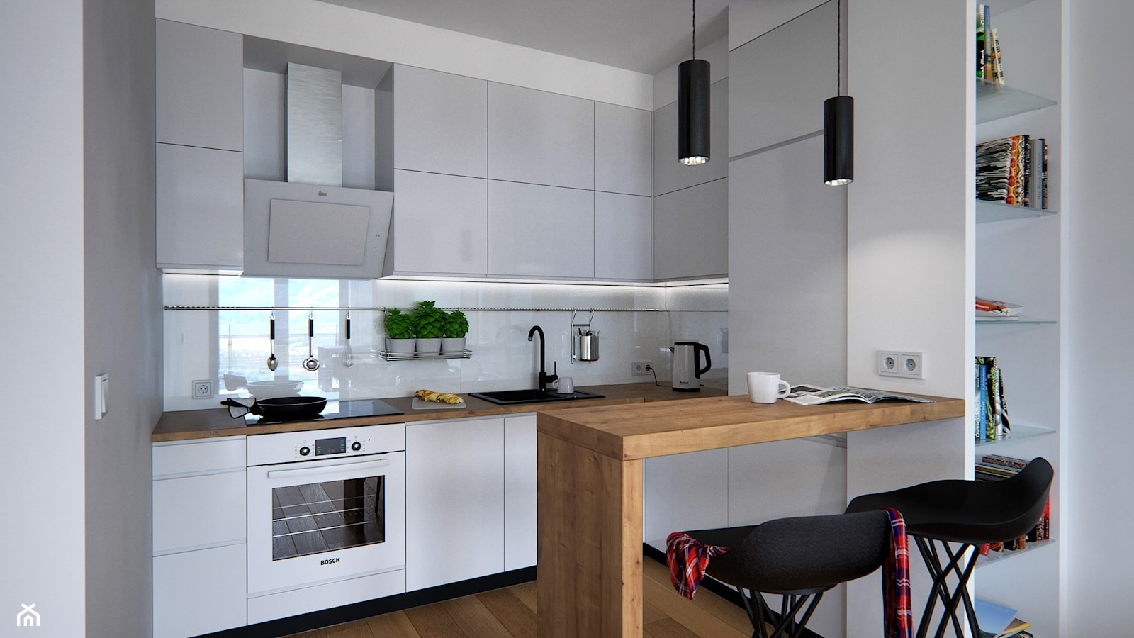 Współczesne mieszkanie - 40 m² - Mała otwarta z salonem biała z zabudowaną lodówką z nablatowym zlewozmywakiem kuchnia w kształcie litery l jednorzędowa, styl nowoczesny - zdjęcie od Doliwa Workshop - Homebook