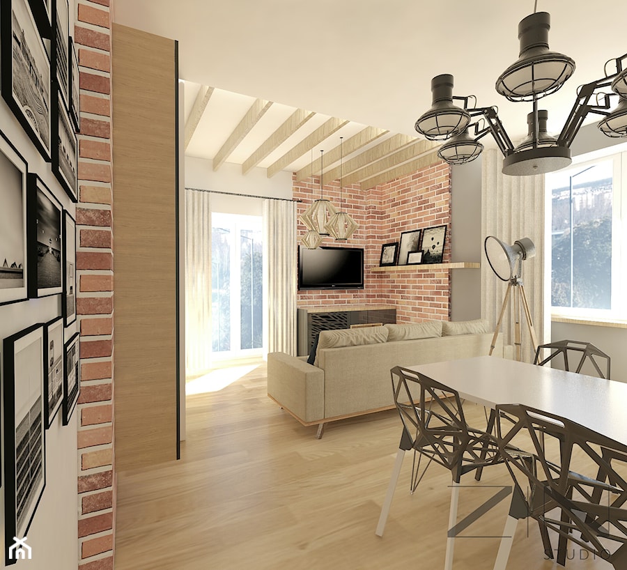 Mieszkanie Jaworzno - Średni salon z jadalnią z tarasem / balkonem, styl skandynawski - zdjęcie od Zin Studio Nikola Kwasek