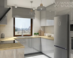 Skandi - Mała otwarta szara z zabudowaną lodówką z nablatowym zlewozmywakiem kuchnia w kształcie li ... - zdjęcie od Anava Studio - Homebook