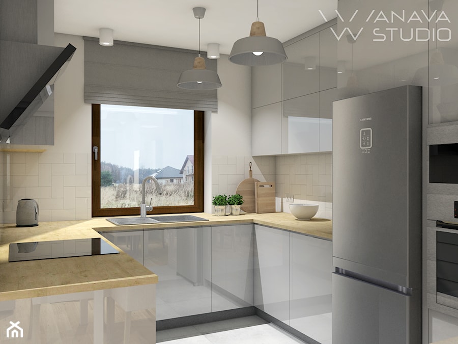 Skandi - Mała otwarta szara z zabudowaną lodówką z nablatowym zlewozmywakiem kuchnia w kształcie litery u z oknem, styl skandynawski - zdjęcie od Anava Studio