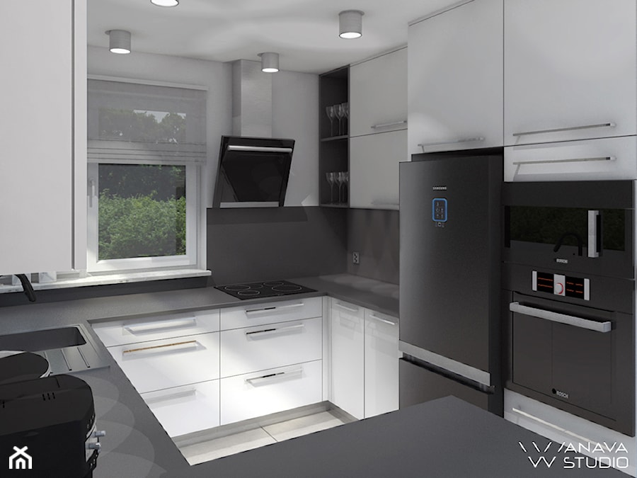 Kuchnia New - Mała otwarta biała czarna z zabudowaną lodówką z podblatowym zlewozmywakiem kuchnia w kształcie litery g z wyspą lub półwyspem z oknem z kompozytem na ścianie nad blatem kuchennym, styl minimalistyczny - zdjęcie od Anava Studio