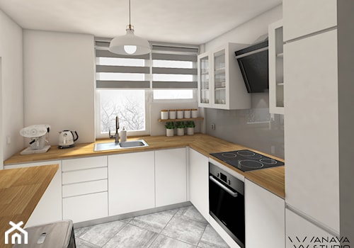 Kuchnia biała - Średnia otwarta z salonem beżowa z zabudowaną lodówką kuchnia w kształcie litery u z oknem, styl minimalistyczny - zdjęcie od Anava Studio