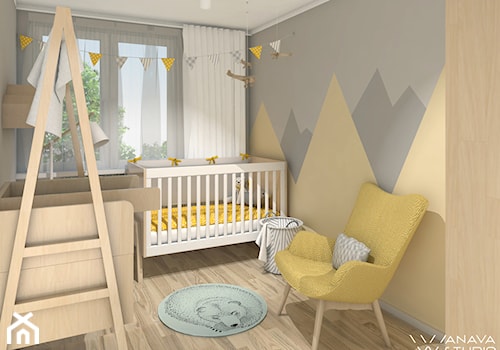 Maluch - Mały szary żółty pokój dziecka dla niemowlaka dla chłopca dla dziewczynki, styl skandynawski - zdjęcie od Anava Studio