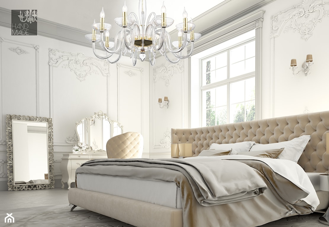 sypialnia z stylu klasycznym z beżowym łożem małżeńskim