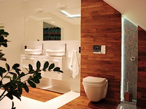 sypialnia z otwartą łazienką - Duża na poddaszu z dwoma umywalkami łazienka, styl nowoczesny - zdjęcie od AS DESIGN