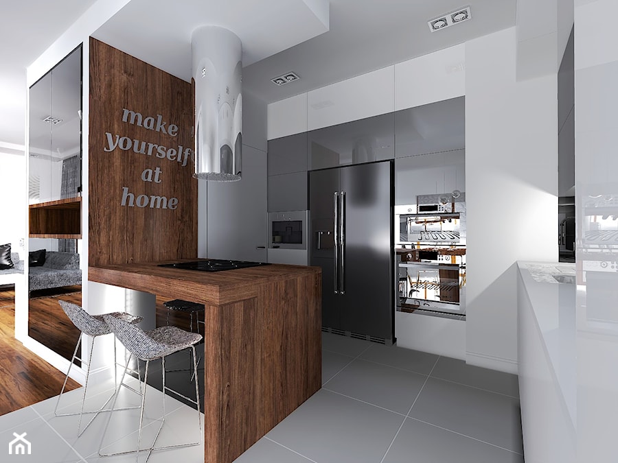 apartament - Mała otwarta biała z zabudowaną lodówką kuchnia w kształcie litery g, styl nowoczesny - zdjęcie od AS DESIGN