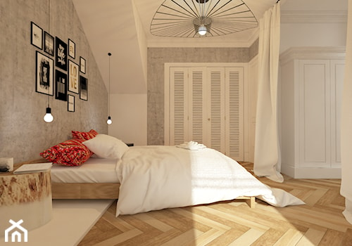 SYPIALNIA - Duża biała szara sypialnia na poddaszu z garderobą, styl skandynawski - zdjęcie od DREWIEN.CO