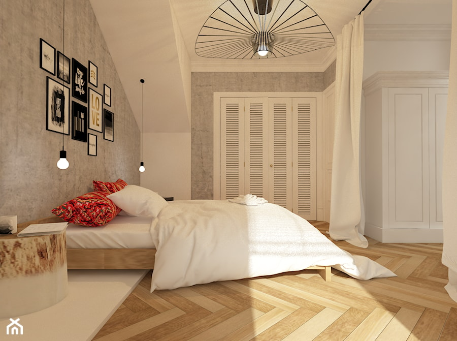 SYPIALNIA - Duża biała szara sypialnia na poddaszu z garderobą, styl skandynawski - zdjęcie od DREWIEN.CO